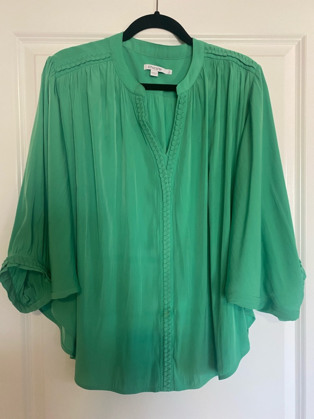 Chico's Bright Green Pleated V-Neck Tunic Blouse